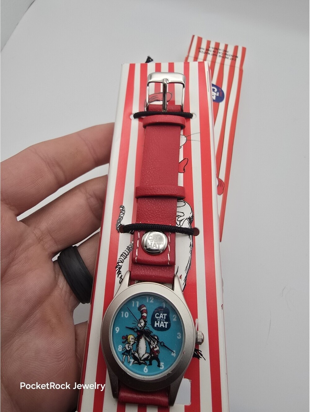 Dr Seuss Cat in the Hat Watch 2003 Movie Red Leather Strap Silver Tone Analog